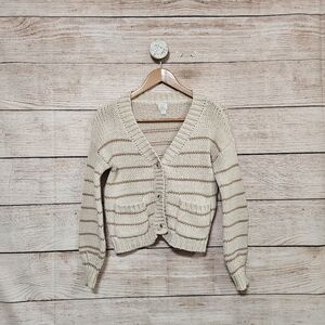 Roan & Ryan Knit Stripe Cropped Button Sweater Top Cream Tan XS